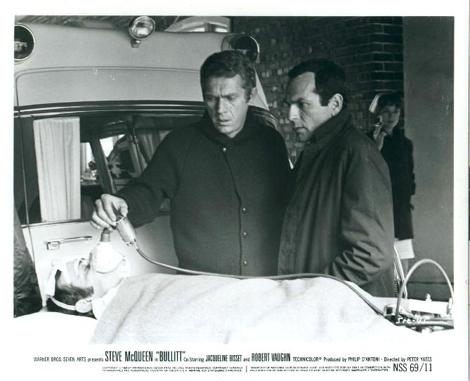 Steve (as Frank Bullitt) and his partner (played by Don Gordon) at the hospital.