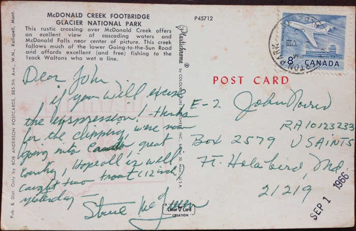 A Canadian postcard sent from Steve McQueen (while on a fishing trip) to John Norris in 1966