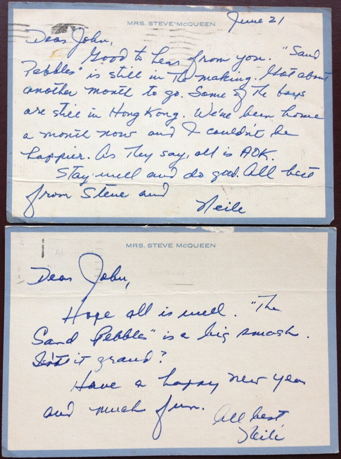 Two postcards sent by Steve McQueen to John Norris