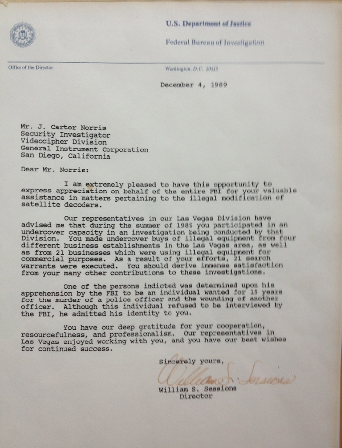 Letter of commendation from William S. Sessions, FBI director from 1987 to 1993