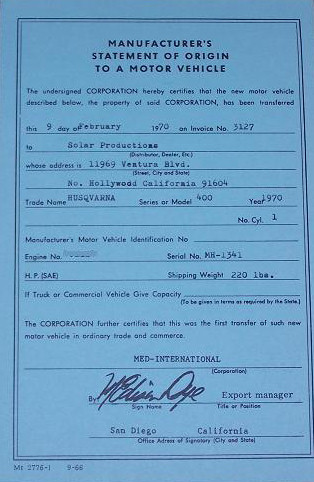 Manufacturer's Statement of Origin