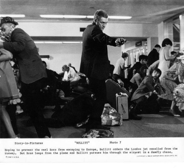 Frank Bullitt (Steve McQueen) in a shootout at the airport.