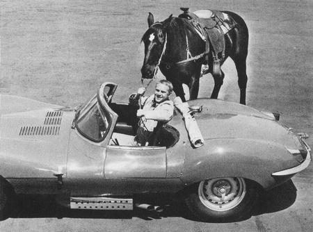 Steve, the Jag, and his horse 'Doc' 
on the set of 'Wanted: Dead or Alive' in 1960